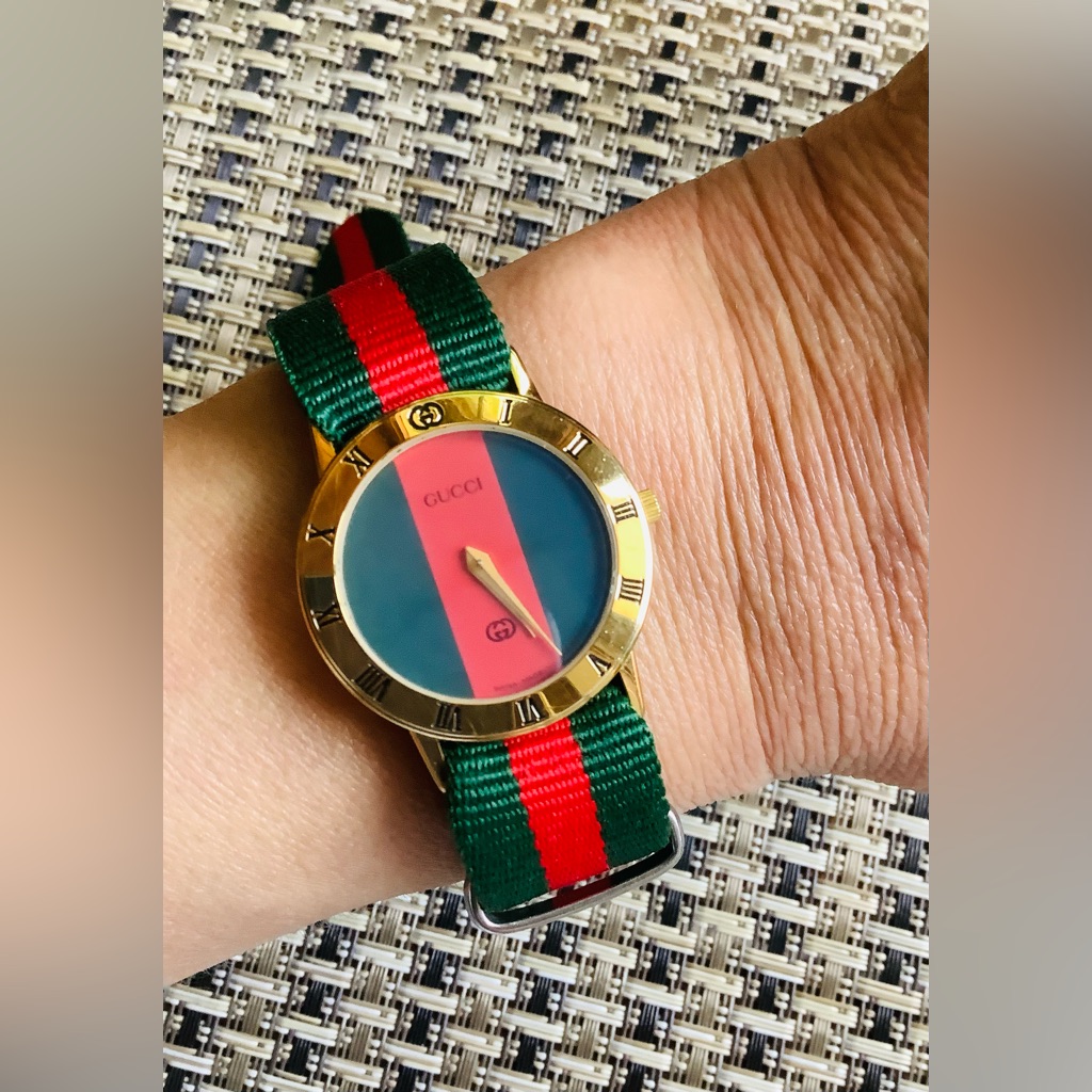 Gucci Gold-Tone Watch With Green And Red Dial And Strap